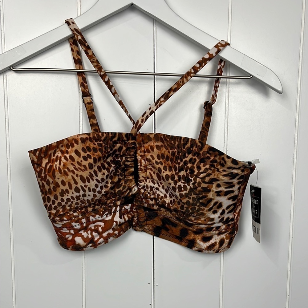 Bar lll Woman’s Swim Top M Brown/Cream Glam Cheetah Padding Adj Straps Stretch